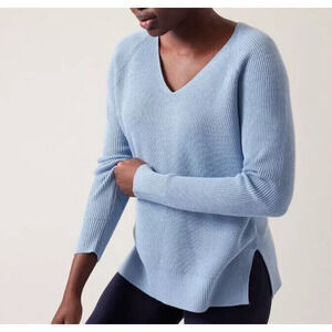 NWT Athleta Hanover V-Neck Sweater Merino Wool Blend Oversized Knit Blue Size S